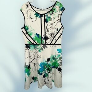 Elegant Floral Midi Dress - White with Green and Blue Accents